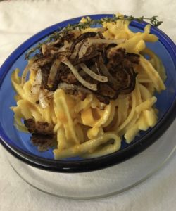 Noodles in a blue bowl