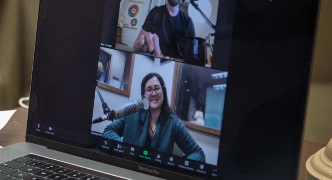 Photo of host Sueann Ramella and guest Ted Tremper talking virtually for a recording of Traverse Talks with Sueann Ramella.