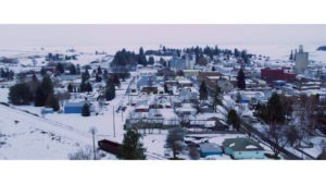 Drone shot of snow covered small town