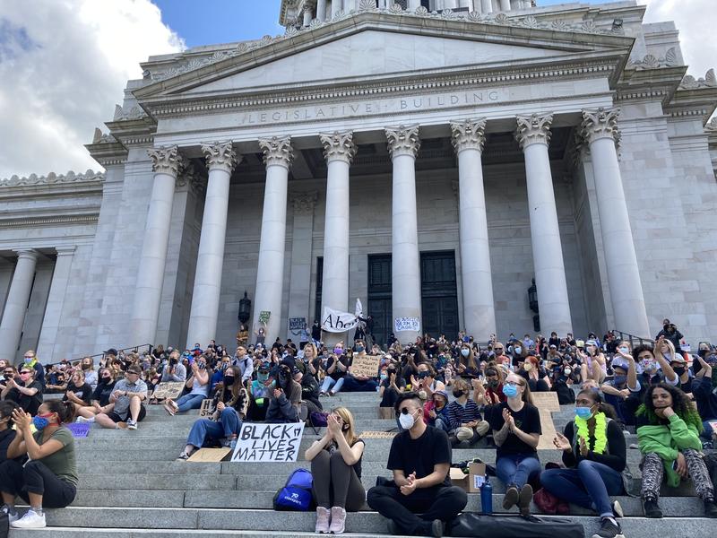 Advocates for police accountability and racial justice rallied on the steps of the Washington Capitol in June 2020. Now the Washington Legislature is taking up those issues as it welcomes a record number of lawmakers of color. CREDIT: Austin Jenkins/N3