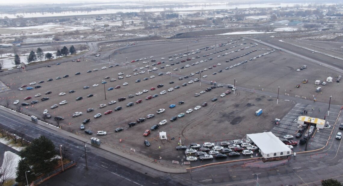 Hundreds of cars lined up for the opening day of a mass vaccination event in Washington's Tri-Cities on Monday, Jan. 25, 2021, at the Benton County Fairgrounds. Courtesy City of Richland