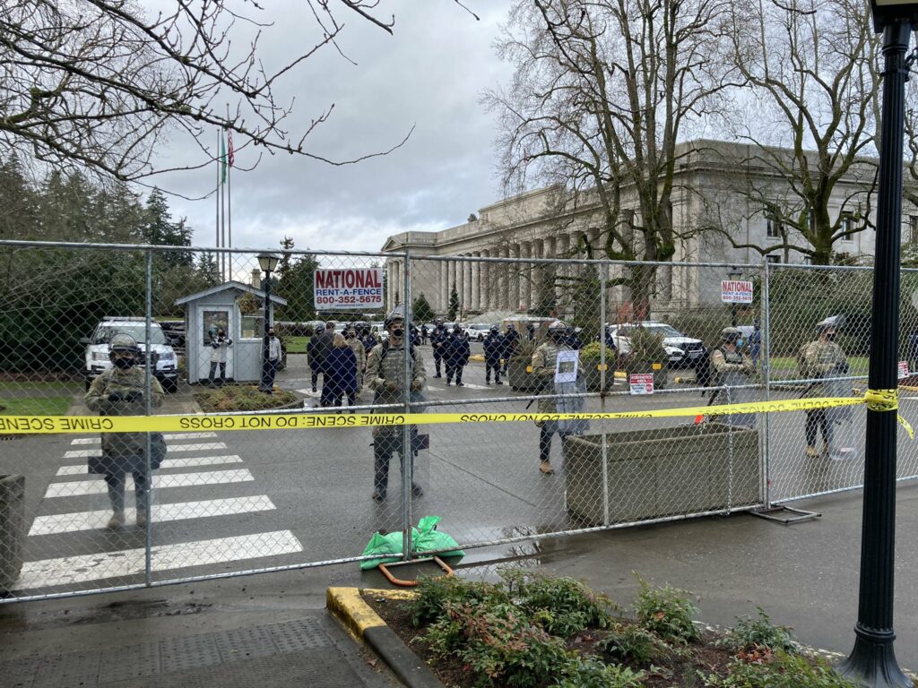 Washington National Guard troops set up outside the state Capitol Jan. 10, 2021, ahead of the session beginning on Monday, Jan. 11. Security is heightened after threats recently, following the Jan. 6 insurrection at the U.S. Capitol. CREDIT: Austin Jenkins/N3