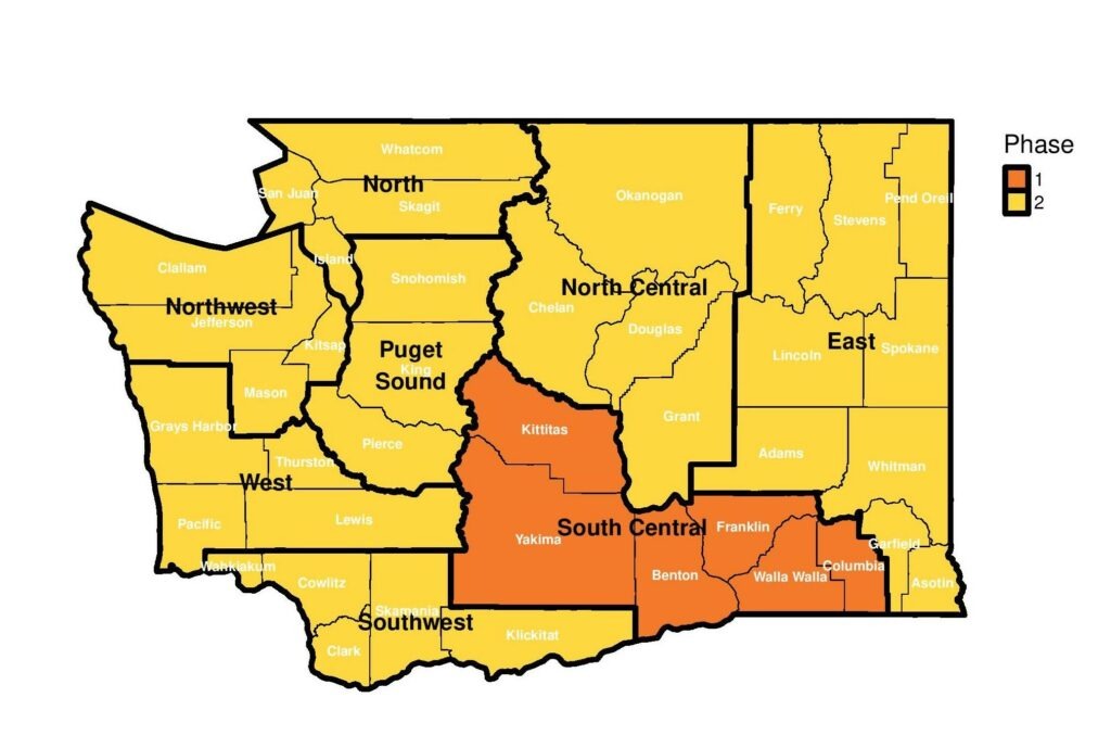 As of Sunday, Feb. 14, 2021, most of Washington's eight regions will advance to Phase 2 of reopening. CREDIT: WA Governor's Office