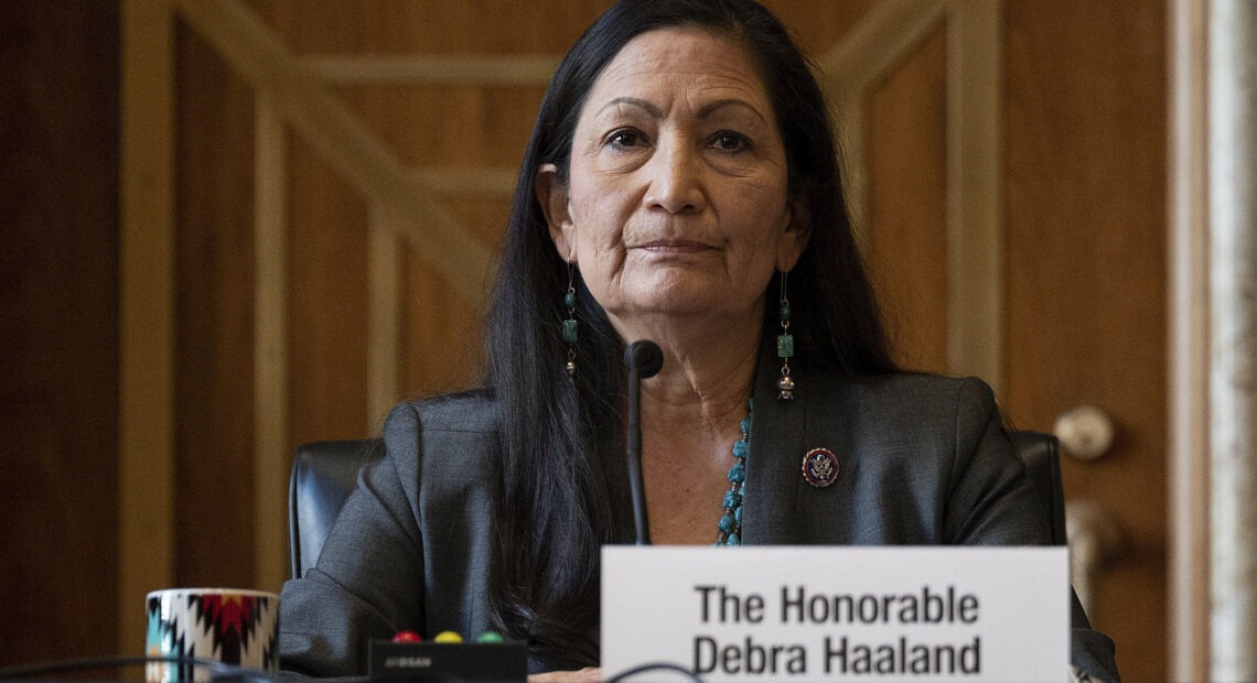 Rep. Deb Haaland, D-N.M., during her Senate hearing Tuesday to be Interior Secretary. If confirmed, she would be the first Native American to hold the post. CREDIT: Jim Watson/AP