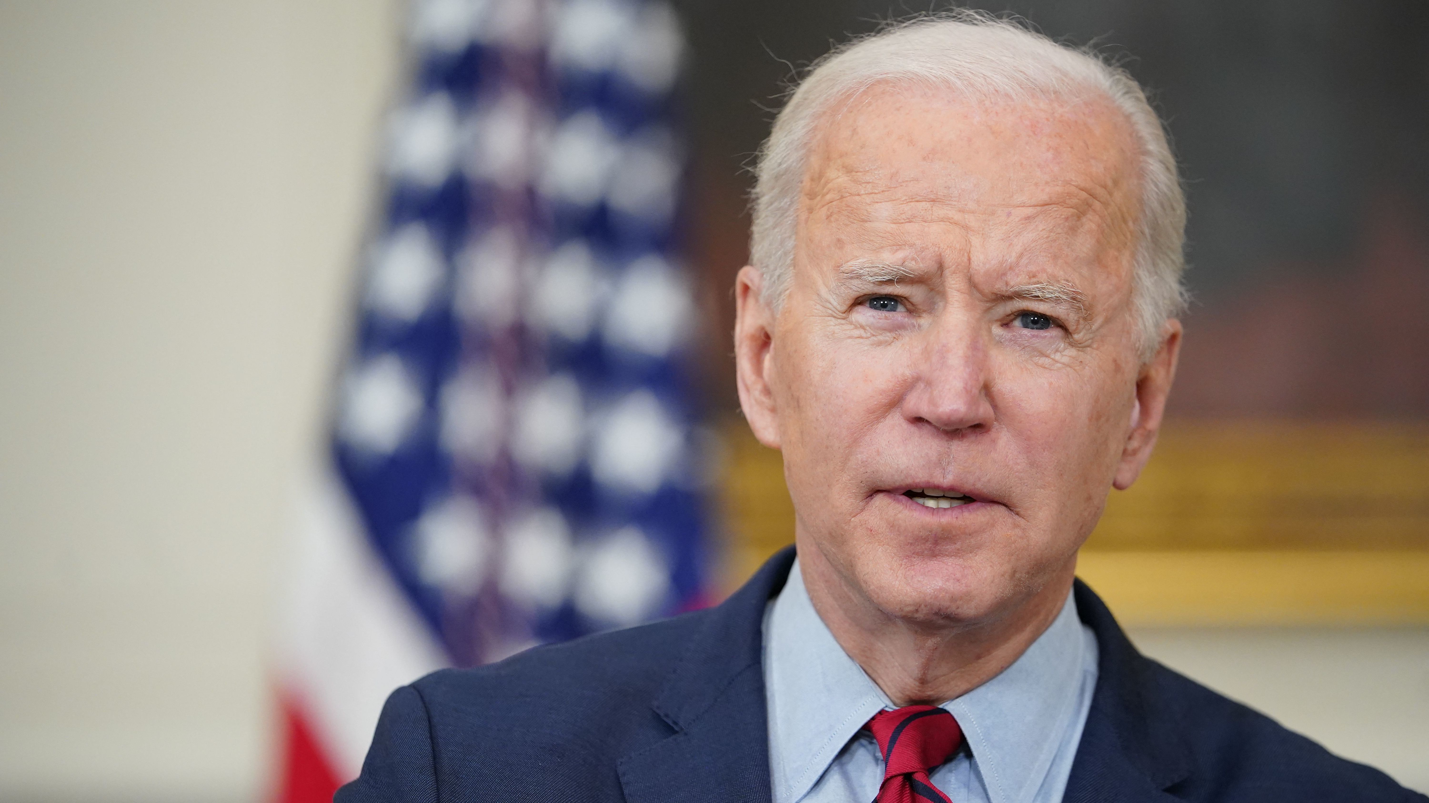 President Biden speaks about the Colorado shootings in the State Dining Room of the White House on Tuesday, March 23, 2021. CREDIT: Mandel Ngan/AFP via Getty Images