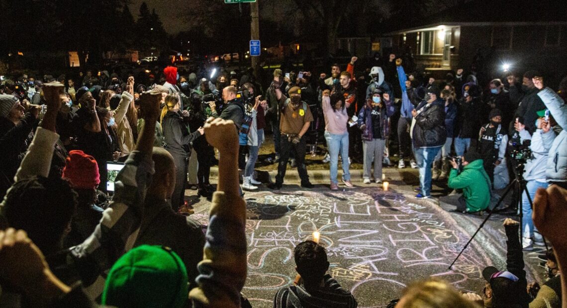 Protests lasted for hours in Brooklyn Center, Minn., where 20-year-old Black man Daunte Wright died after being shot by police Sunday. CREDIT: Evan Frost/MPR News