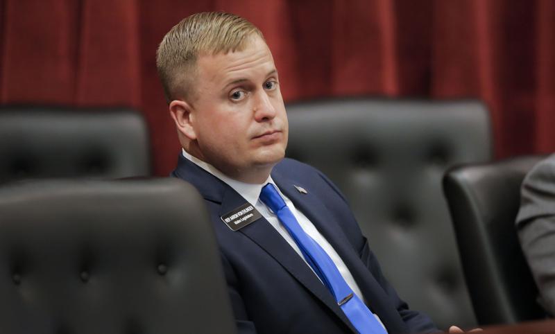 State Rep. Aaron von Ehlinger, R-Lewiston, listens as an alleged victim, identified as Jane Doe, offers testimony during a hearing before the Idaho Ethics and House Policy Committee on April 28, 2021. Von Ehlinger was before the committee to face sexual misconduct allegations with a 19-year-old volunteer staff member during the current legislative session. CRDIT: Darin Oswald/Idaho Statesman via AP