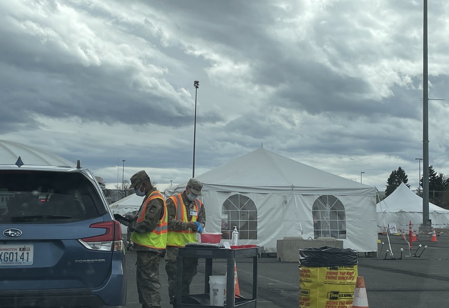 National Guard soldiers administer COVID-19 vaccines in Yakima on Easter Sunday, April 4, 2021. The FEMA-supported site is designed to vaccinate 1,200 people a day, with the potential to serve 3,000.