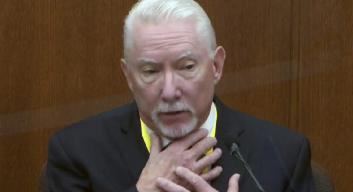 Barry Brodd, a use-of-force expert, testifies Tuesday in former Minneapolis police officer Derek Chauvin's trial. Brodd said the position in which George Floyd was restrained — facedown on the ground — was safest for officers and the suspect. CREDIT: Court TV/Pool via AP