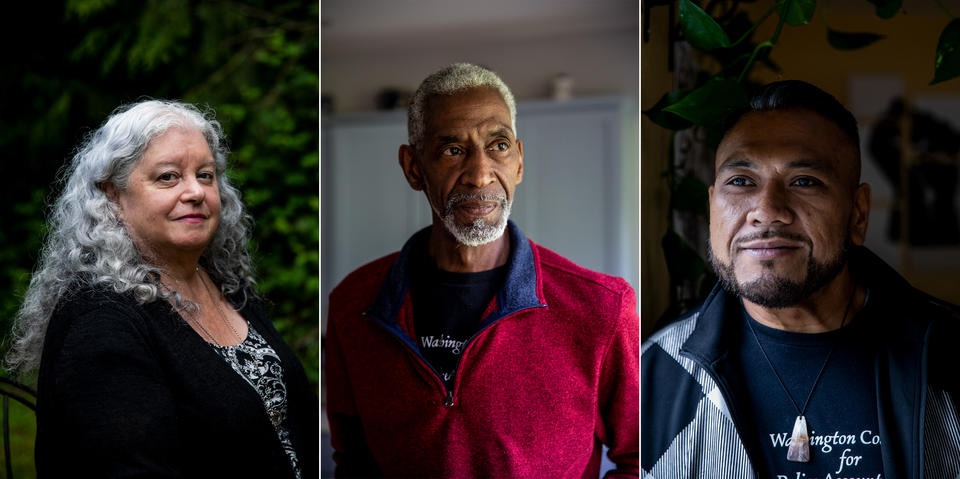 From left: Elaine Simons, the foster mother of Jesse Sarey; Fred Thomas, the father of Leonard Thomas; and Po Leapai, cousin of Iosia Faletogo. (Dorothy Edward/Crosscut)