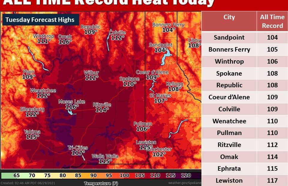 Much of the Inland Northwest will experience the peak temperatures of the heat wave on Tuesday, June 29. CREDIT: National Weather Service