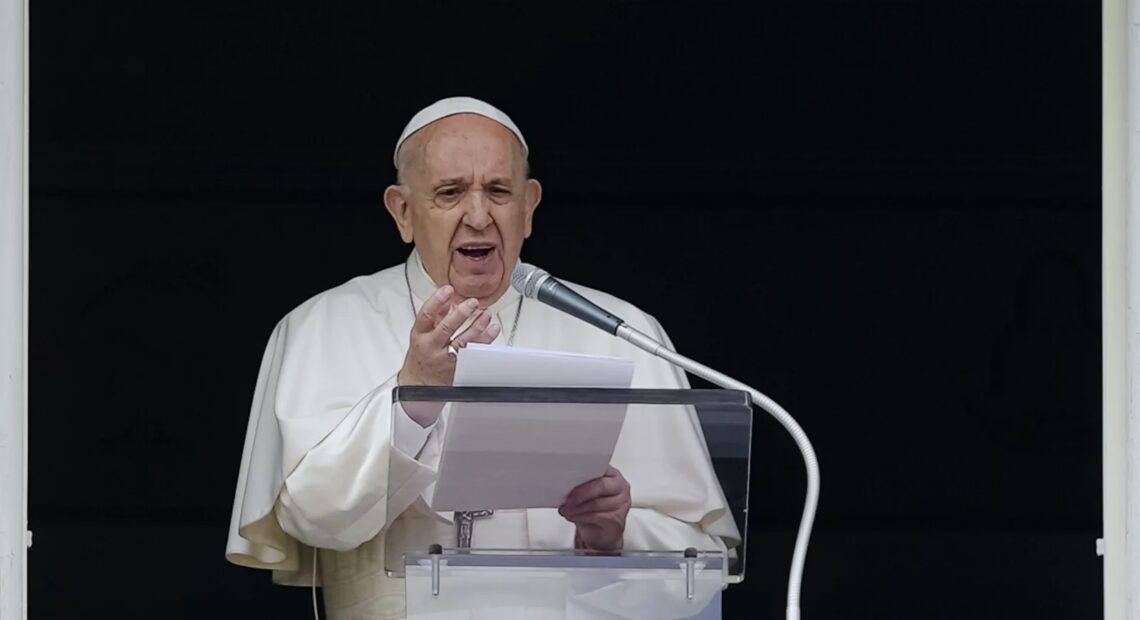 Pope Francis speaks from the window of his studio overlooking St. Peter's Square on June 6, 2021. Francis expressed sorrow for the treatment of Indigenous people in Canada, but did not offer an apology. CREDIT: Domenico Stinellis/AP