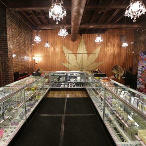 File photo, Dec. 7, 2015, a worker cleans a display case at the Ganja Goddess Cannabis Store in Seattle. On Monday, June 7, 2021, Washington state officials announced that the state's nearly 500 licensed marijuana retailers could begin hosting COVID-19 vaccine clinics and offering a single, free pre-rolled marijuana cigarette to any adult over 21 who receives a shot on-site, but due to federal law and other complications, it's not clear if any of the state's legal pot shops will participate. A current manager at Ganja Goddess said that they would not be participating because they do not have space to host a clinic. CREDIT: Ted S. Warren/AP