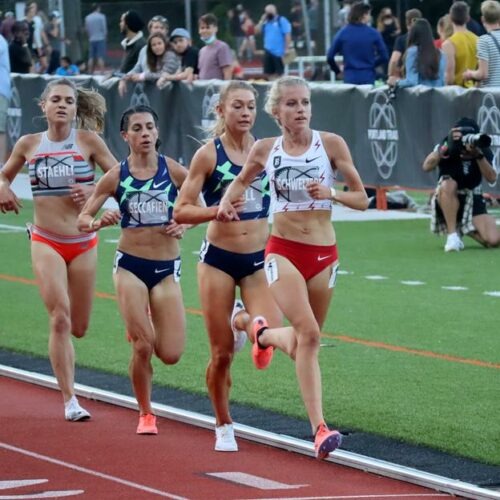 Karissa Schweizer, in white top, is a Bowerman Track Club recruit from the Midwest. She carries high expectations to nab an Olympic team slot in the 5000 meters.