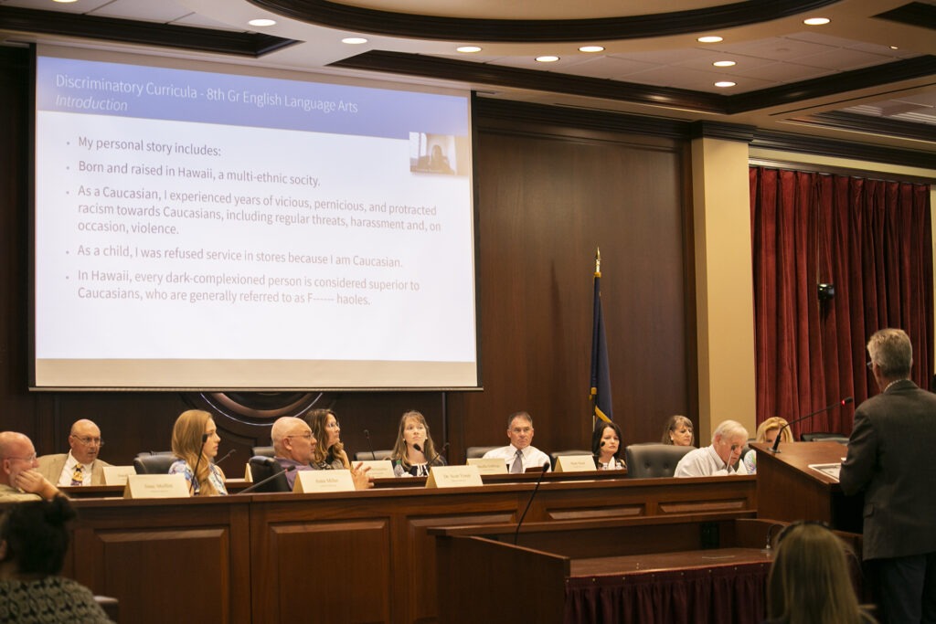 Lt. Gov. Janice McGeachin’s task force on school indoctrination meets at the Statehouse on June 24. CREDIT: Nik Streng/Idaho Education News