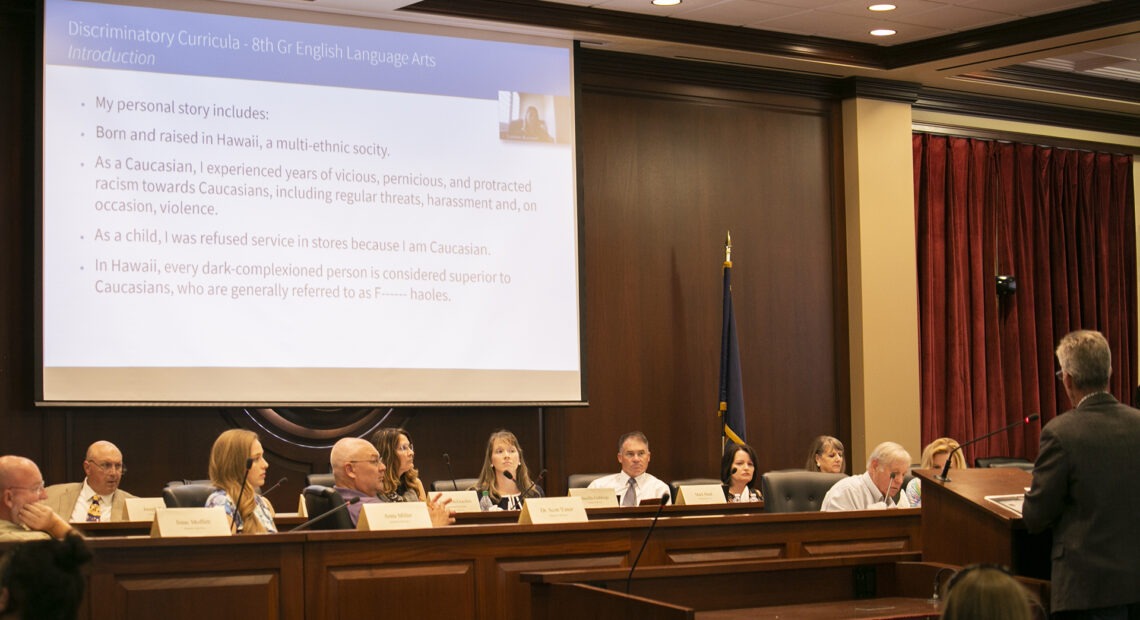 Lt. Gov. Janice McGeachin’s task force on school indoctrination meets at the Statehouse on June 24. CREDIT: Nik Streng/Idaho Education News