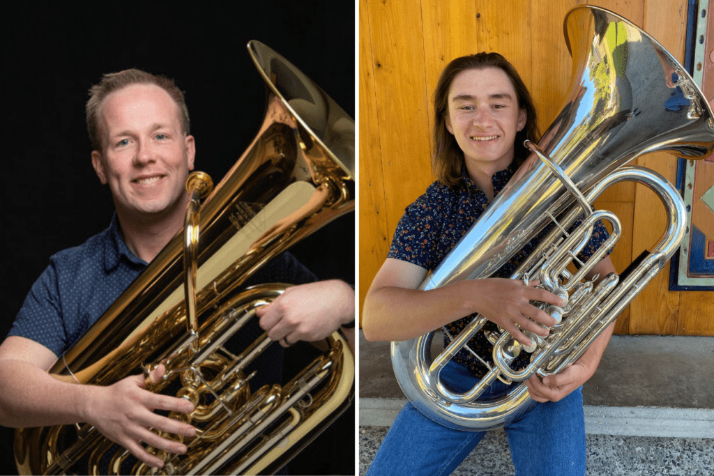 Tuba professor Dr. Chris Dickey and student Tim Schrader with tubas