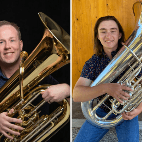 Tuba professor Dr. Chris Dickey and student Tim Schrader with tubas