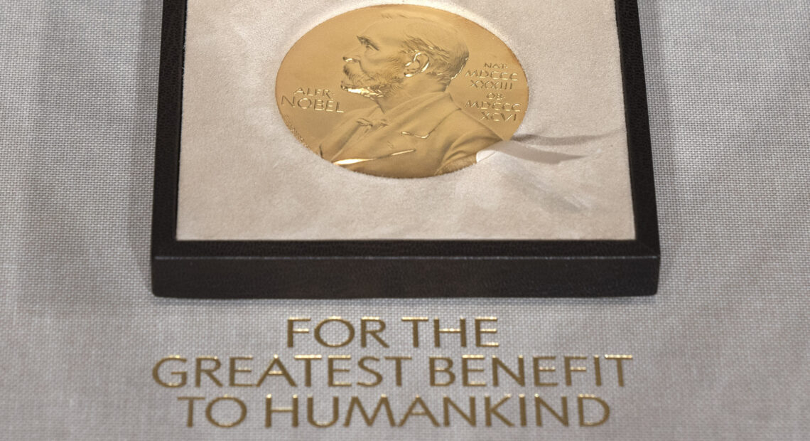 Displayed is a file photo of a Nobel Prize medal on Dec. 8, 2020. The Nobel Prize in economic sciences was awarded to three U.S-based professors for their pioneering work with "natural experiments."