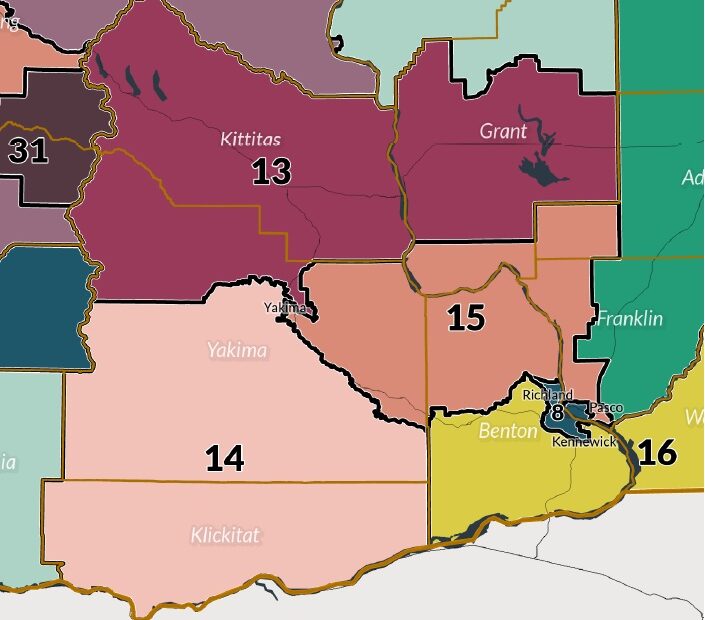 A colored map of Yakima's voting districts.