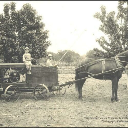 A Wenatchee sprayer made by A. D. Browning, Wenatchee. Two men, one with bamboo spray pole, and one small boy sitting on top of sprayer pulled by one horse in a fruit orchard in Wenatchee.