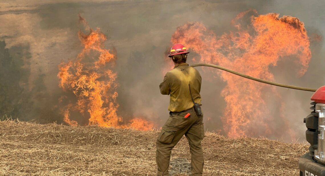 A firefighter stands with a hose before a raging fire on a charred field.