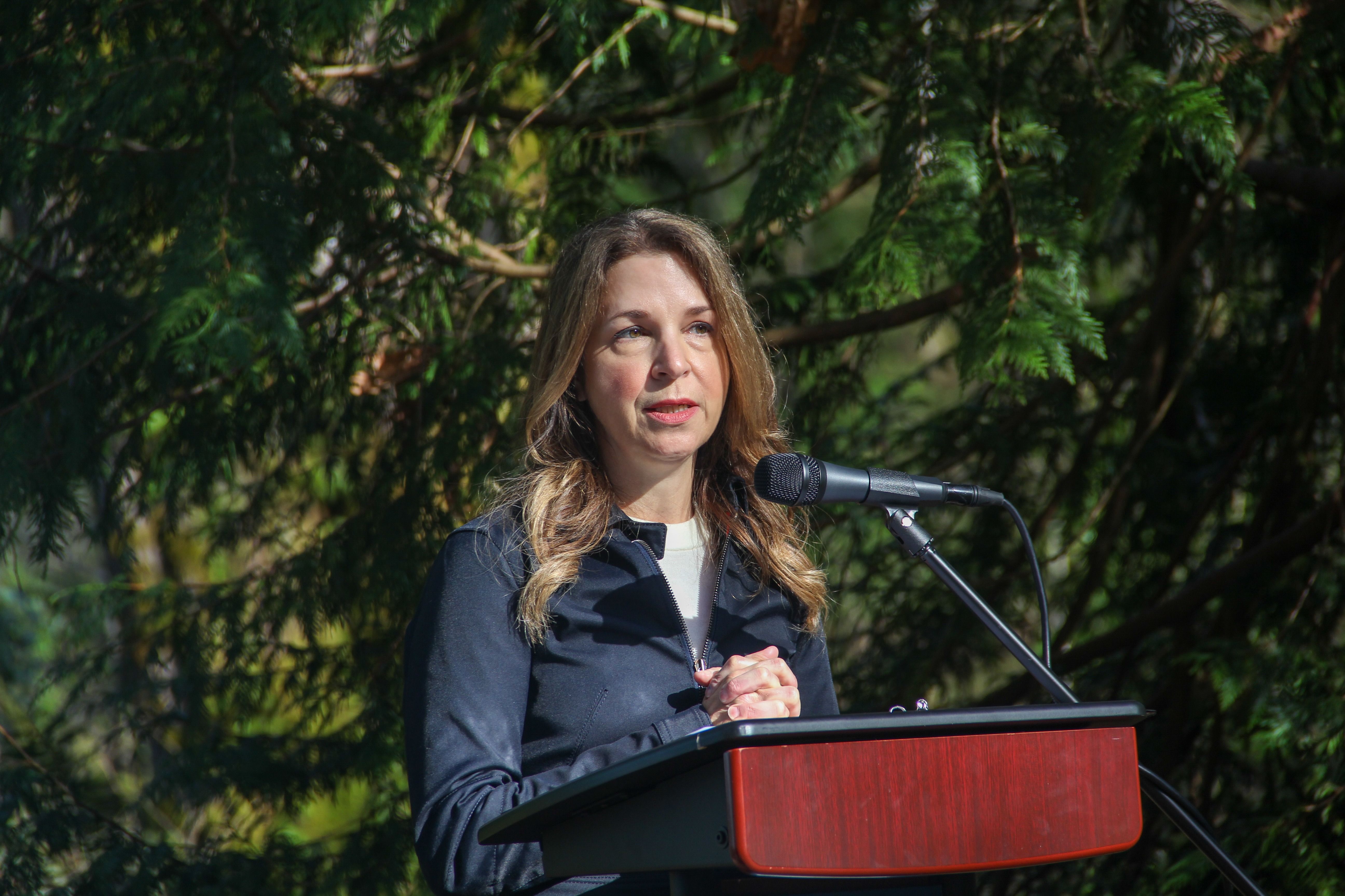 Hilary Franz, Commissioner of Public Lands, announcing the Department of Natural Resource's carbon offset project, April 6. Photo courtesy of DNR Communications