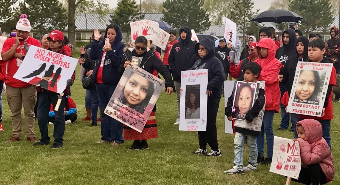 A photo of families gathered for May 5th MMIWP Awareness Day 2022