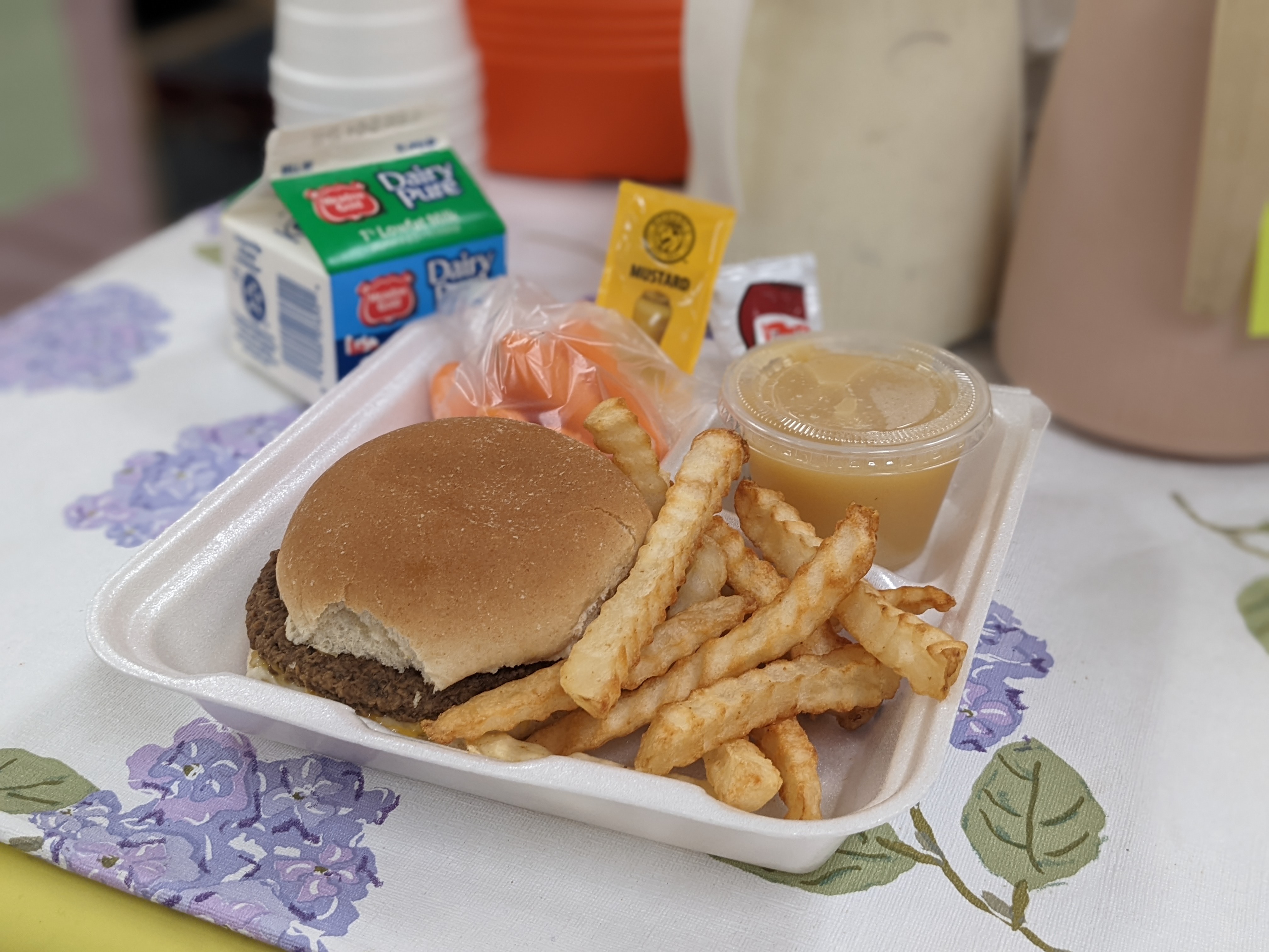 Hamburger, Fries, milk