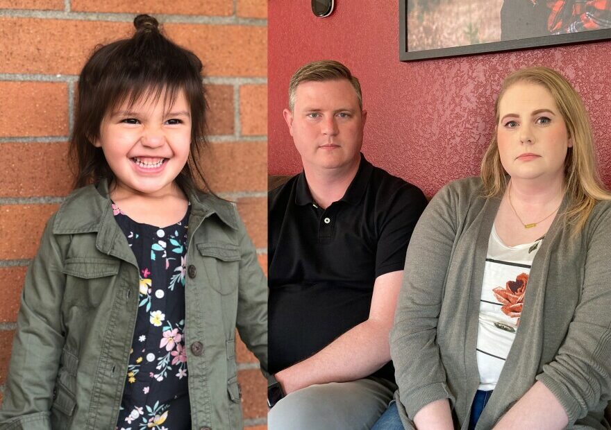 Missing 5-year-old Oakley Carlson, left, next to an image of her former foster parents Erik and Jamie Jo Hiles of Elma, Washington. The couple has concerns about how Washington's Department of Children Youth and Families handled Oakley's child welfare case and the decision to return the girl to her biological parents.