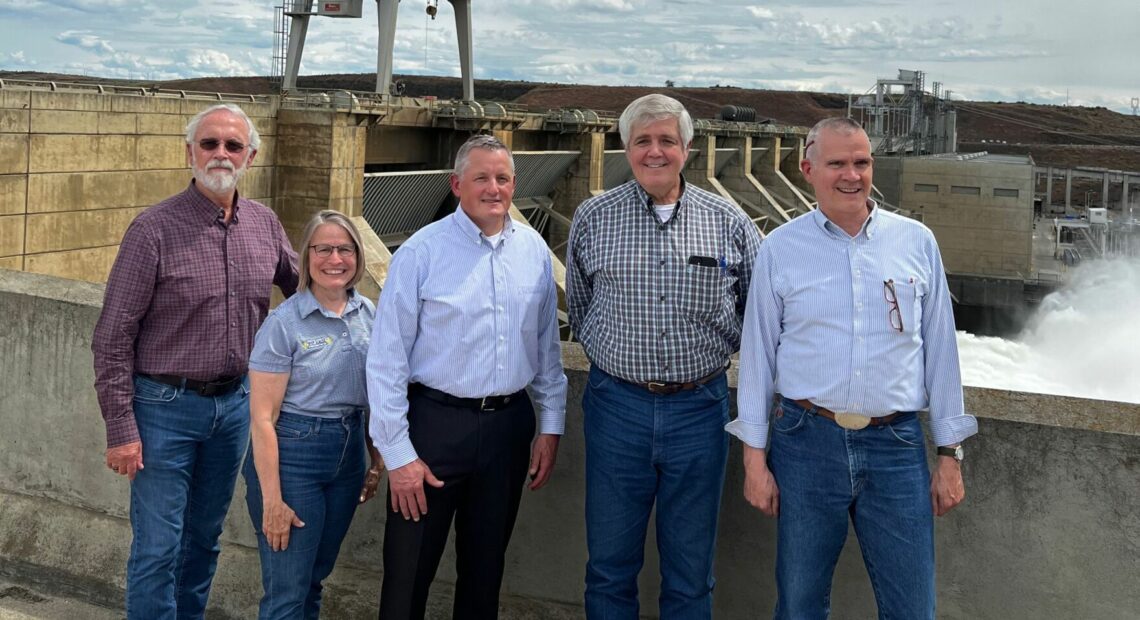 From left, U.S. Reps. Dan Newhouse, R-Washington; Mariannette Miller-Meeks, R-Iowa; Bruce Westerman, R-Arkansas; Cliff Bentz, R-Oregon; and Matt Rosendale, R-Montana. The representatives on Tuesday toured Ice Harbor Dam on the Snake River near Pasco, Washington.