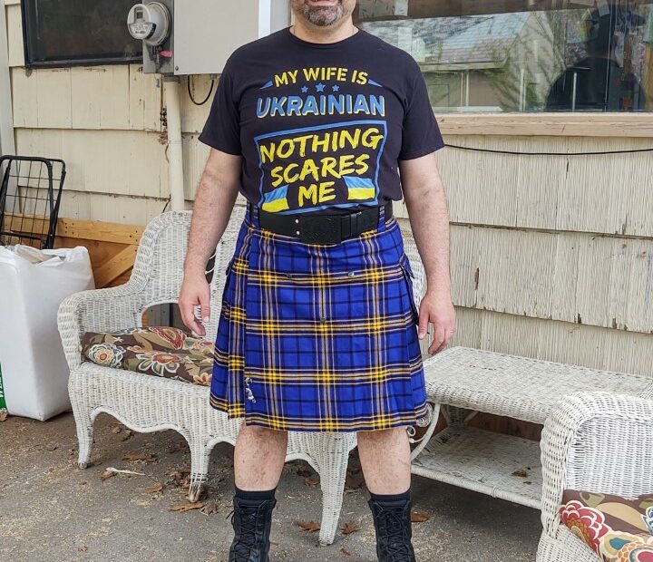 Kelly Clear models the kilt he and his wife Lidiya designed to sell to support humanitarian efforts in Ukraine. Photo courtesy of Kelly Clear.