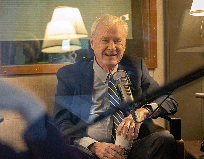 Chris Matthews sits in front of a microphone. He is smiling and holding a mug.