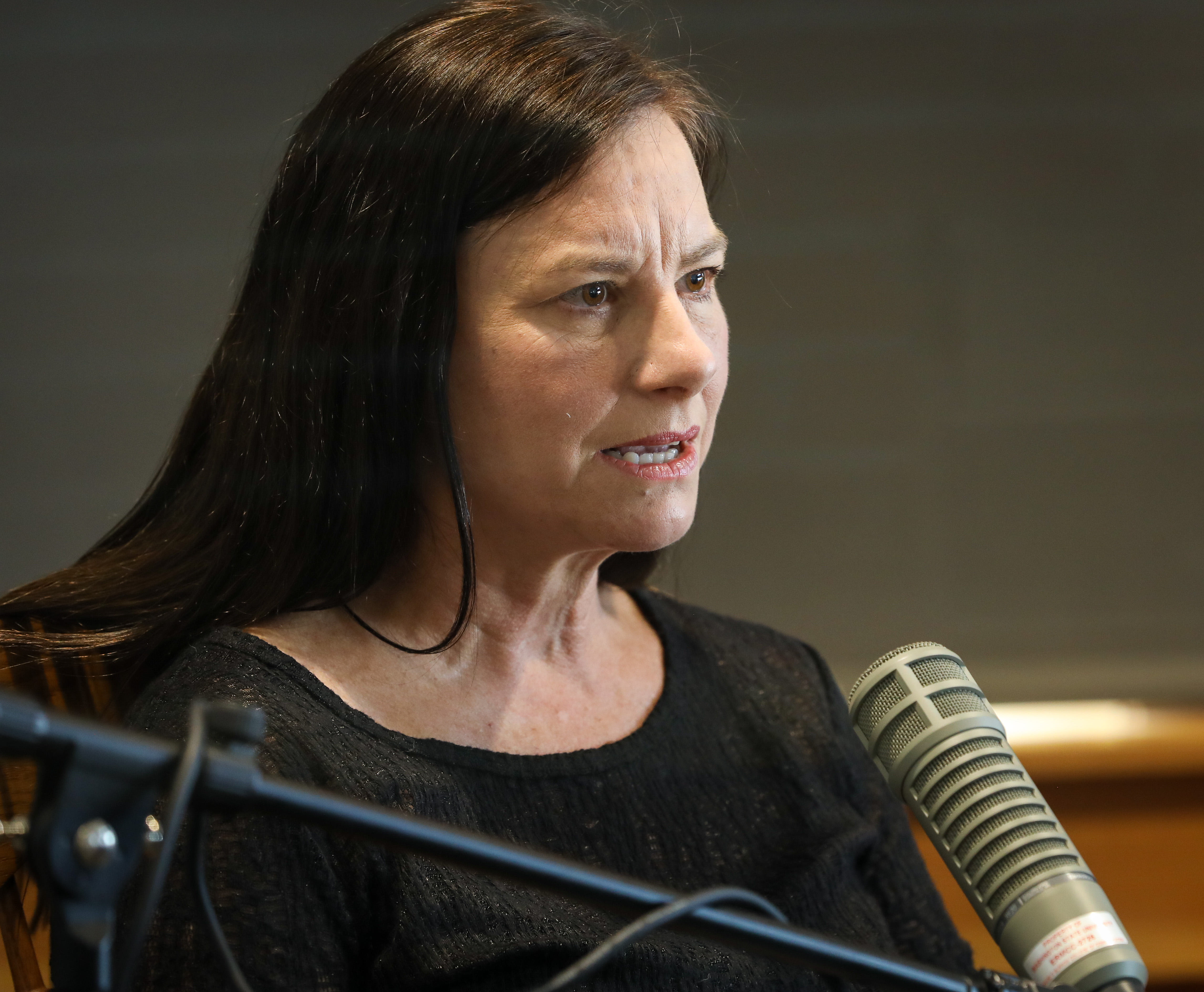 This is a photo of Major General Sarah Zabel. She sits in front of a brick wall and talks into a microphone. She appears contemplative.