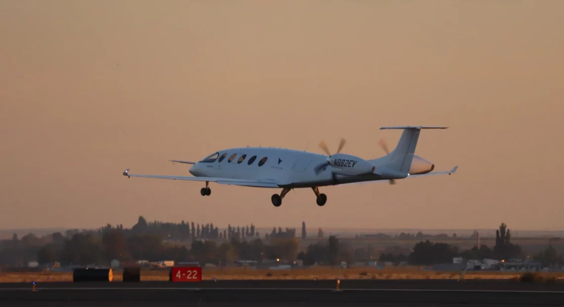 The all-electric Eviation Alice commuter plane took off on its maiden flight at sunrise Tuesday from Grant County International Airport in Moses Lake, Washington