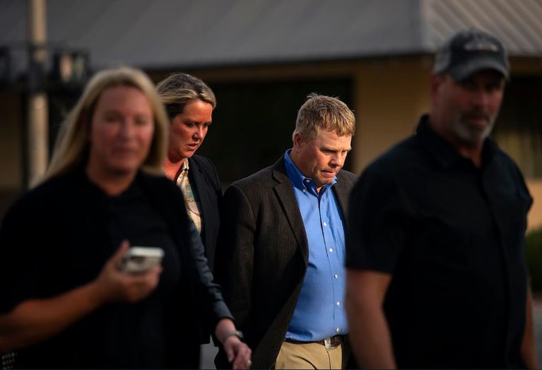 Cody Easterday walks with family members from the Federal Courthouse on South Third Street after being sentenced to 11 years, on Tuesday, October 4, 2022, in Yakima, Wash.