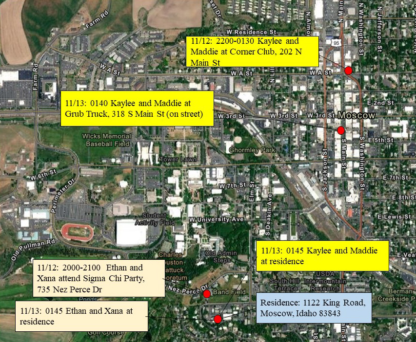 A Map of Moscow from an aerial view has the names of the deceased students showing their whereabouts during the evening before the attack. 