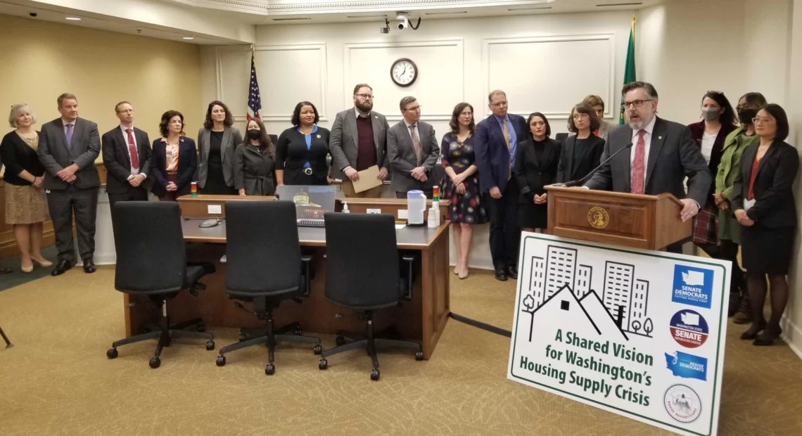 Rep. Andrew Barkis (R-Olympia) speaks during a news conference Jan. 31 to highlight a bipartisan effort aimed at increasing the number of available homes in Washington