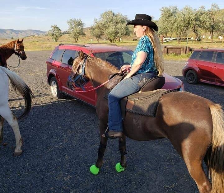 A woman sits on a brown horse. She wears a bright blue t-shirt, a black cowboy hat and blue jeans. The horse is behind a white horse who is mostly out of frame and another brown horse. Two red vehicles are parked in the parking lot where they stand. In the distance is a grassy hill with green trees beneath a light, blue sky.