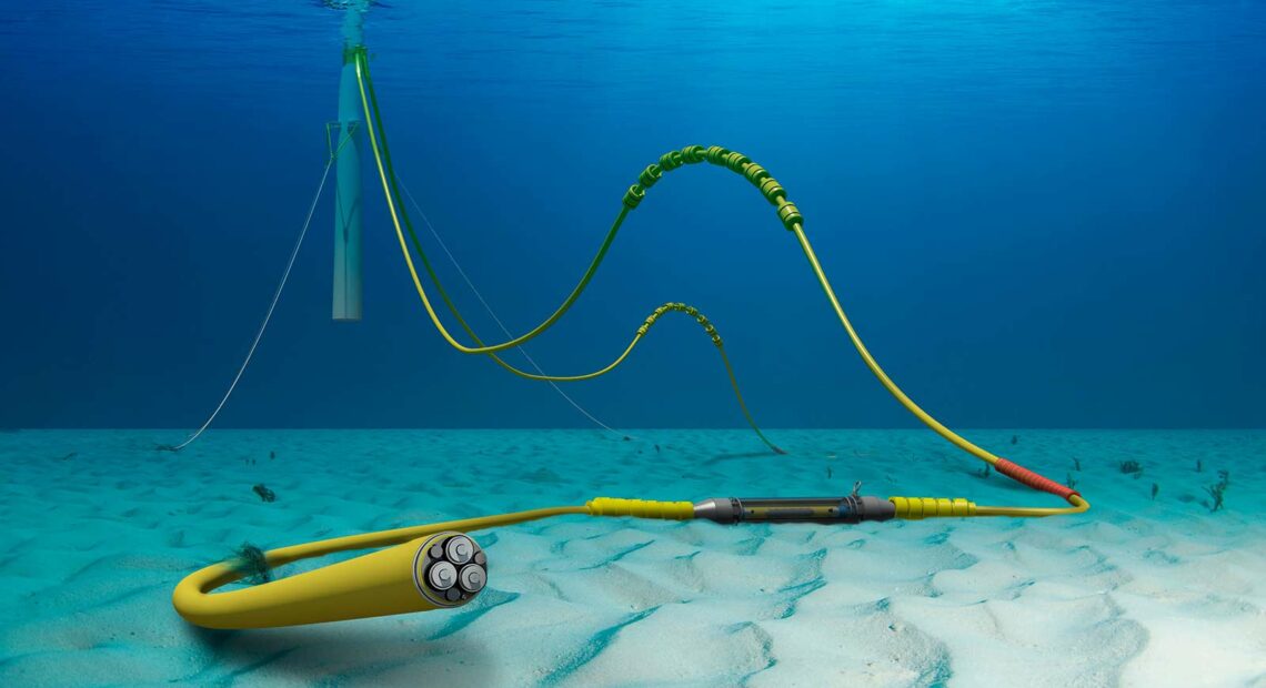 An illustration of a yellow cable sitting on a light tan ocean floor. The water is dark blue. In the background, the cable is connected to a light gray floating rod that appears to come from the ocean surface.