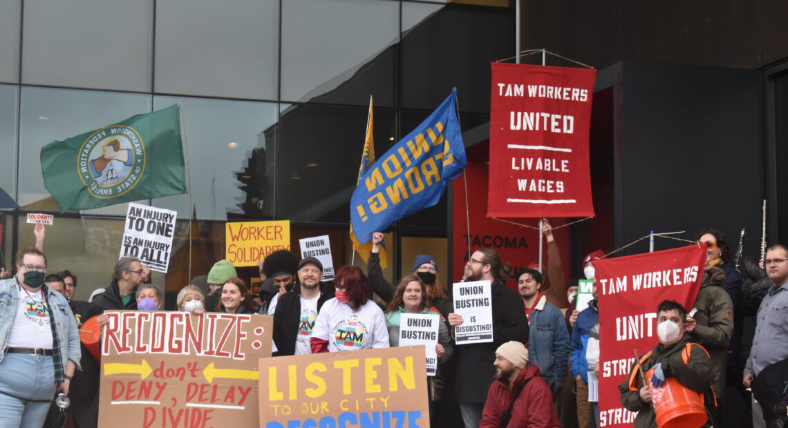 Tacoma Art Museum employees have been organizing and rallying for recognition of their workers' union for months. On Friday, March 31, committee members met with the museum board of trustees, during which no decisions were made. Photo by Lauren Gallup.