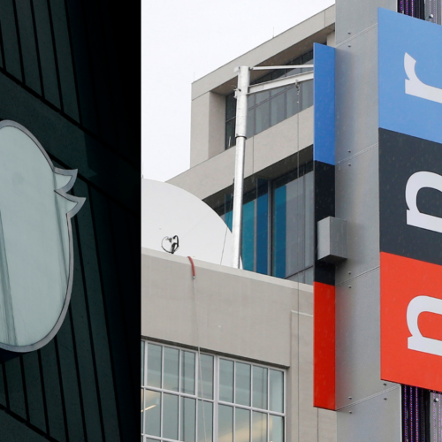 Logos of Twitter and NPR on their respective buildings.