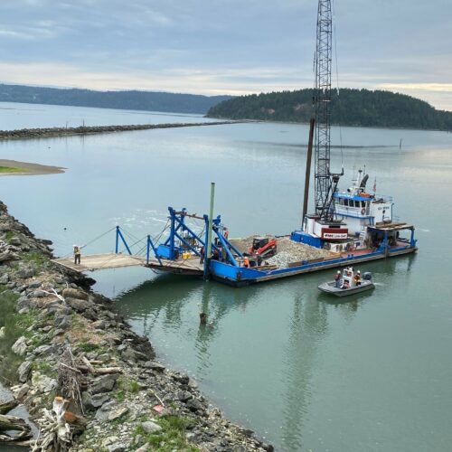 The Army Corps Seahorse vessel arriving on the McGlinn Jetty on the Skagit River. // Credit: Heather Spore, Swinomish Tribal Community.