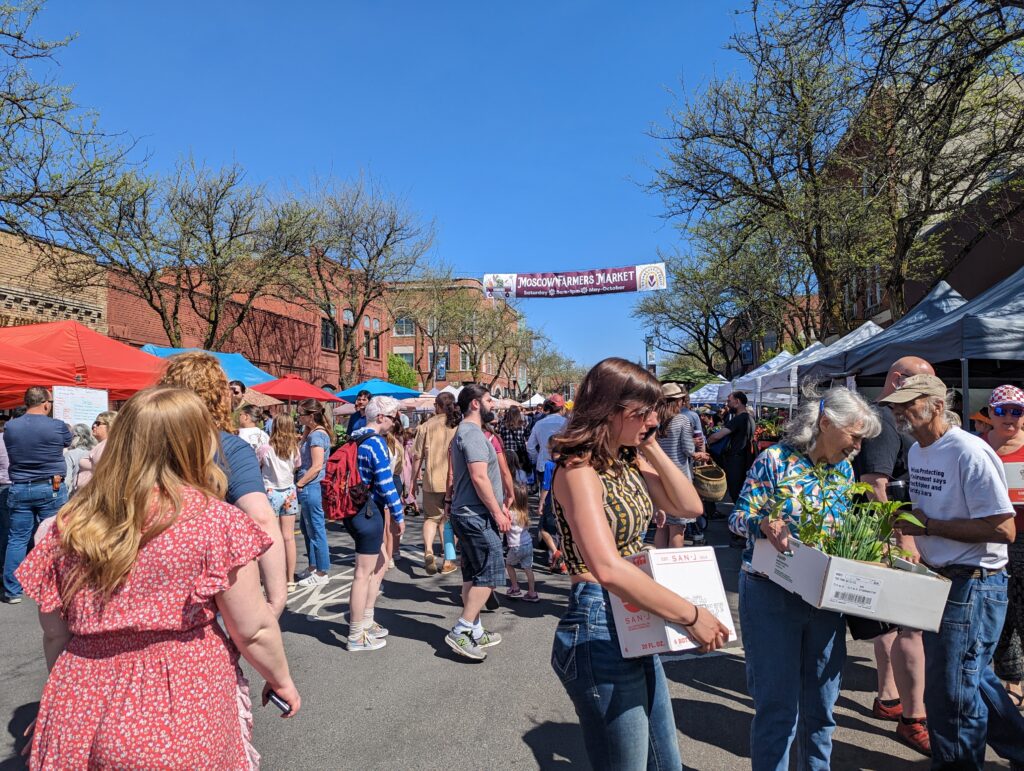 People bustle through main street in Moscow with boxes of plants and craft goods on a sunny day under a blue sky. 