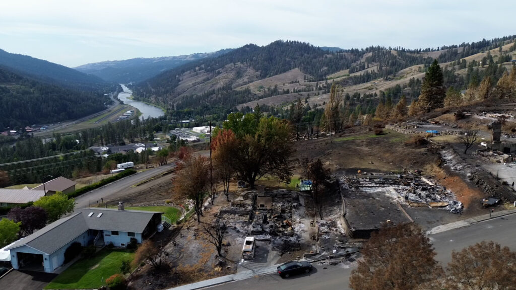 A birds eye view of the Wison Heights neighborhood shows multiple houses burned but a blue house unscathed.