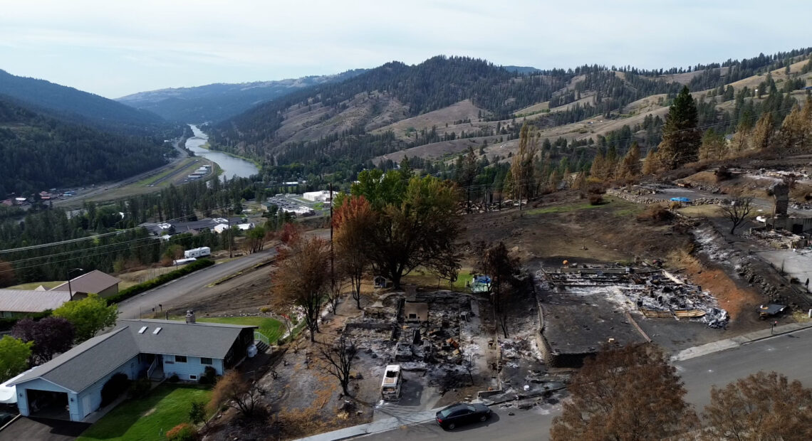 A birds eye view of the Wison Heights neighborhood shows multiple houses burned but a blue house unscathed.