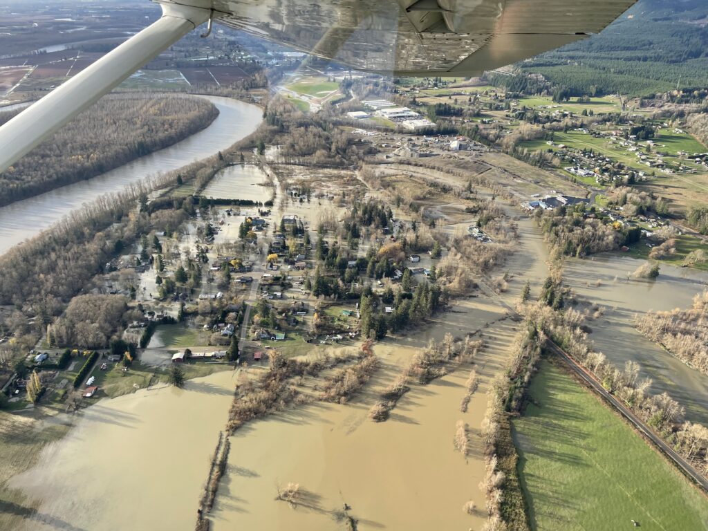 Aerial photo of flooding on the Skagit River in Nov. 2021. // Courtesy Brandon Parsons, with aerial support by LightHawk.