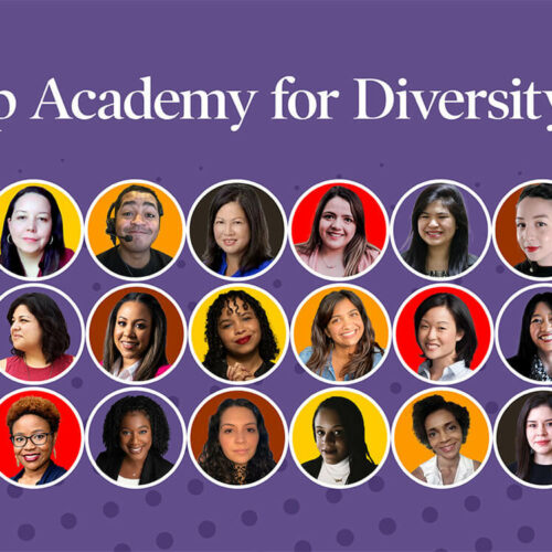 The words "Poynter Leadership Academy for Diversity in Media" and "October 2023" sit on a purple background above 30 circle frames showing the faces of the 30 journalists selected for the academy.