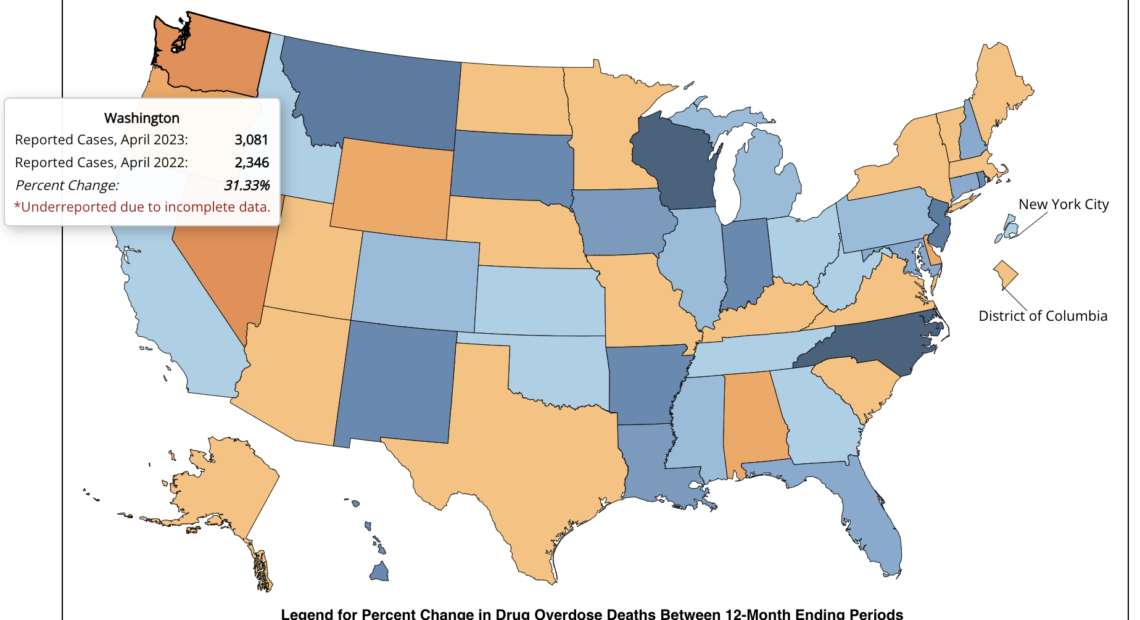 Map of Percent Change in Reported 12 Month-ending Count of Drug Overdose Deaths, by Jurisdiction: April 2022 to April 2023, showing Washington with an increase of 31.33%. // Courtesy of the Centers for Disease Control and Prevention