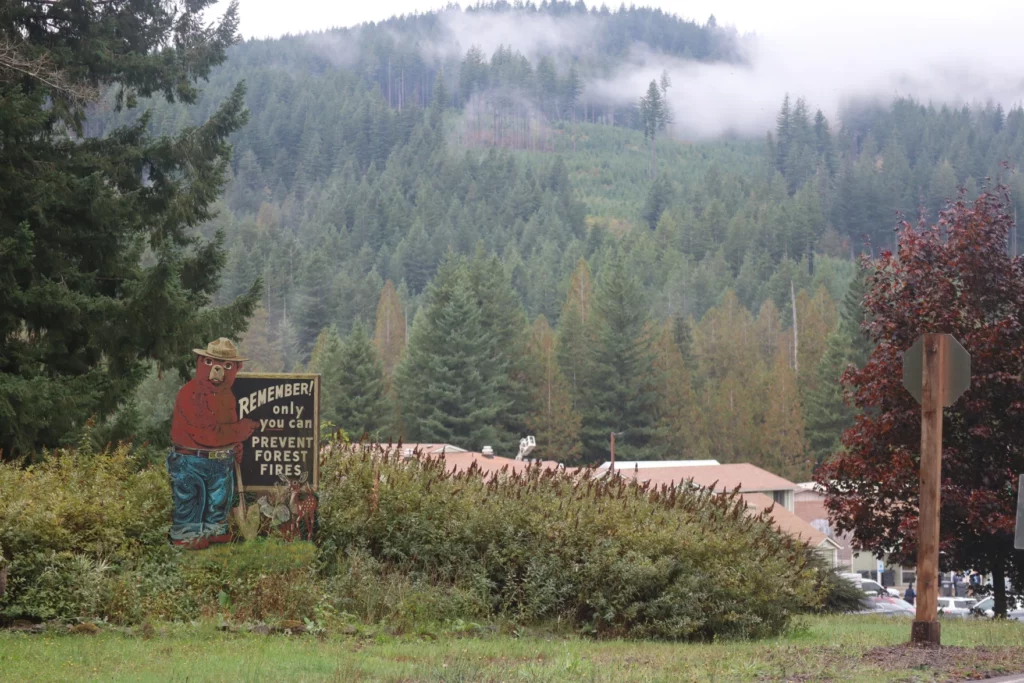 A forest scene is shown, with low-hanging clouds sitting on the tops of trees in the background above the roofs of a multi-complex building. In the foreground, a Smokey The Bear sign can be seen, with the bear wearing a forest service hat and signature jeans holding a sign that says "Remember! Only you can prevent forest fires"